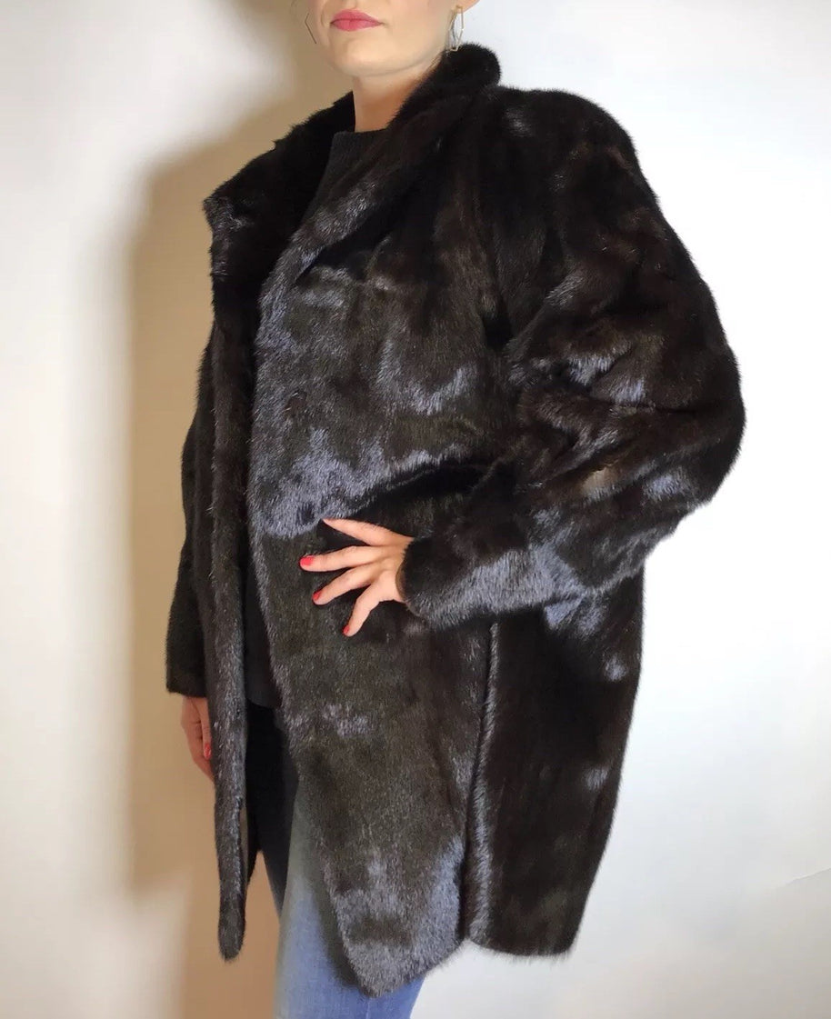 Klassische lange Nerzjacke SAGA MINK dunkelbraun, Gr. 36/38 Damen
