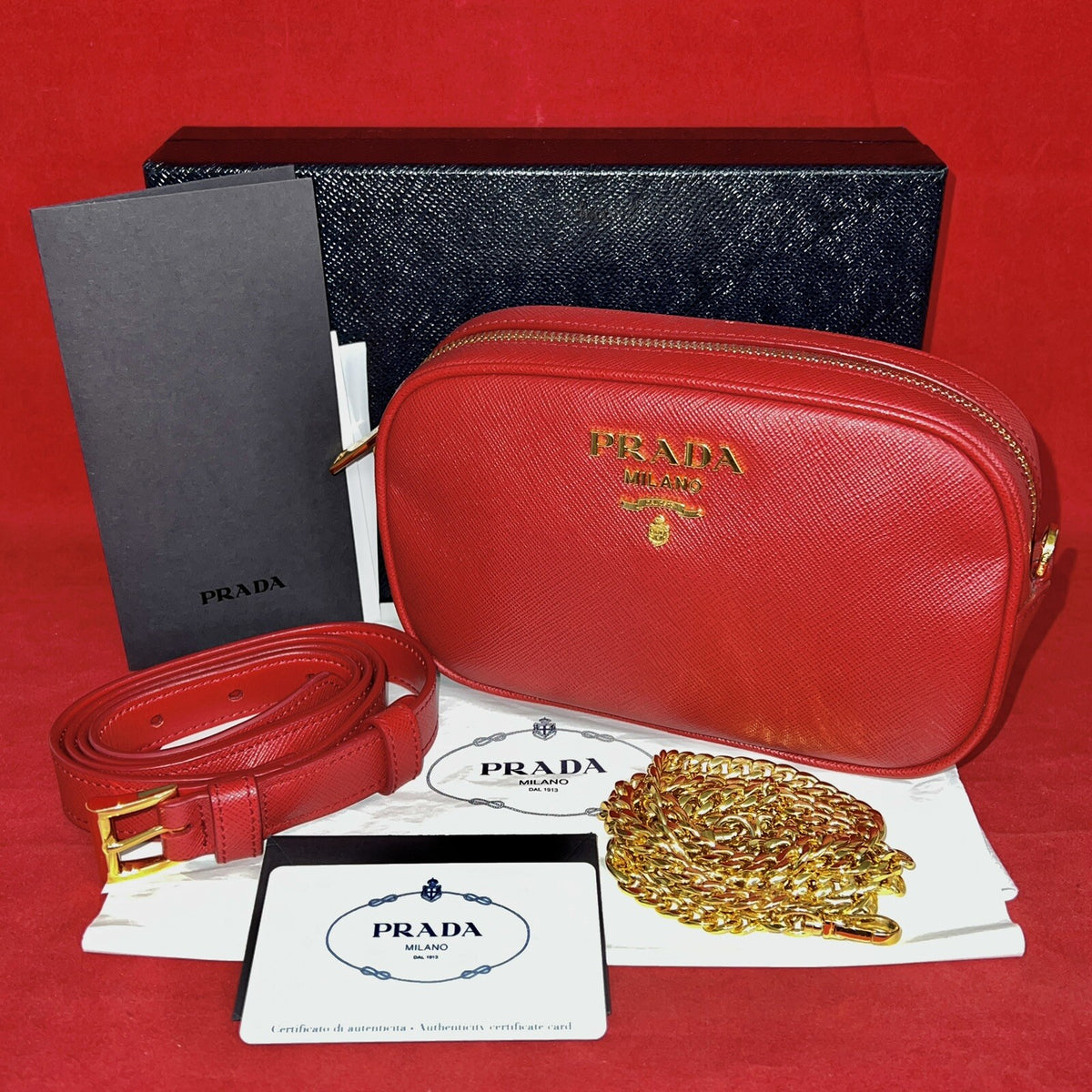 Prada Saffiano Lux Fuoco Rot 1BL007 Bum Bag Belt Gürteltasche Umhängetasche