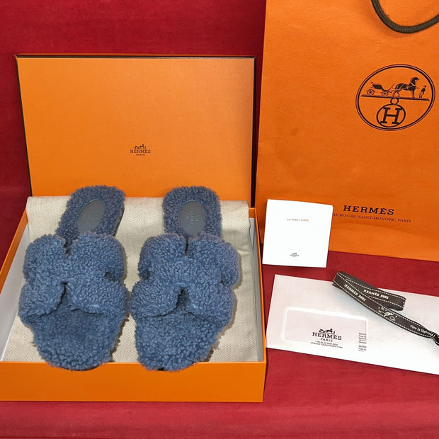 SOLD OUT! Hermes Paris Sandalen Oran Damen Lammfell Blau Gr. 37.5 mit Rechnung