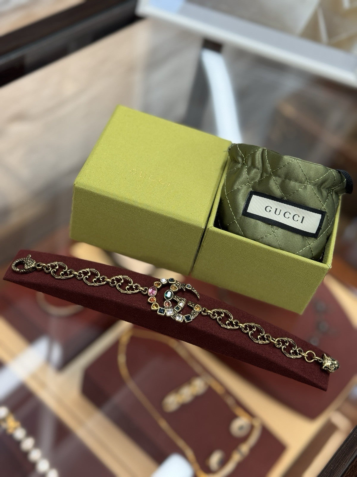 Gucci GG Multicolor Crystal Gemstones Double G Charm Bracelet Armband