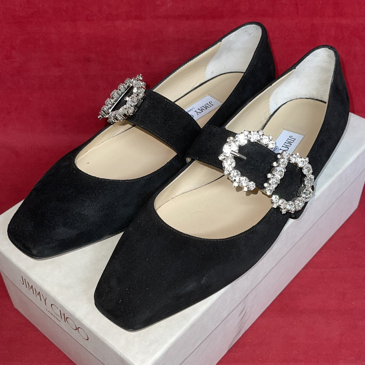 Jimmy Choo Ballerina Damenschuhe Pumps Veloursleder Schwarz Kristallen 38 1/2