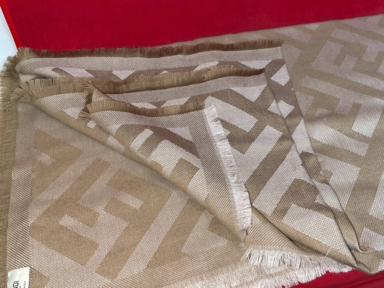Fendi FF Shawl Wolle & Kaschmir Schal 140x140 cm Schultertuch beige/gold wie Neu