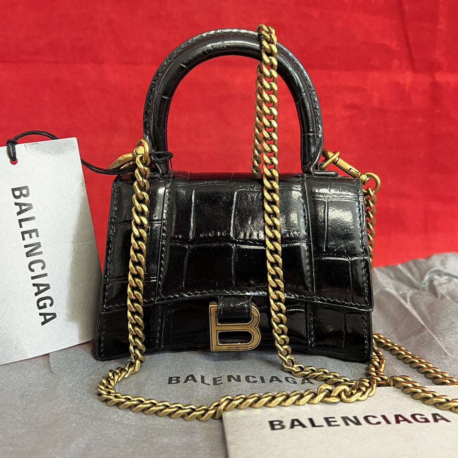 Balenciaga Hourglass Mini, Nano Umhängetasche Schwarz Kroko Glanz Leder, Gold