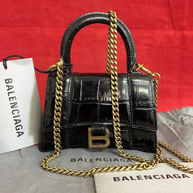 Balenciaga Hourglass Mini, Nano Umhängetasche Schwarz Kroko Glanz Leder, Gold