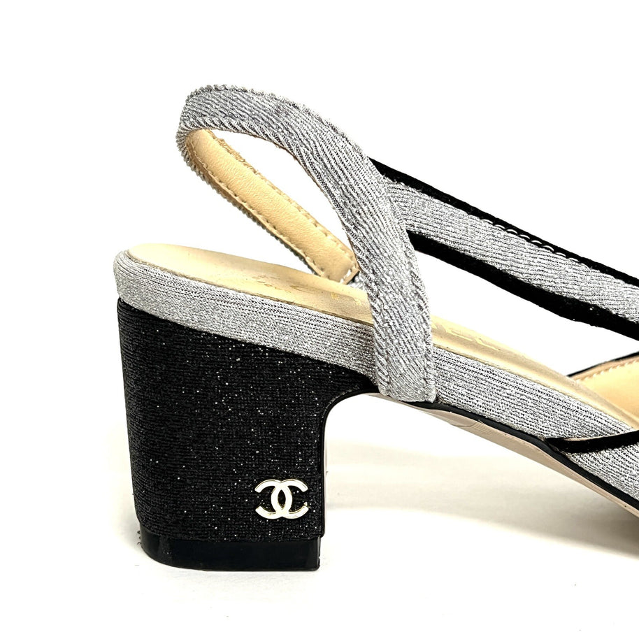 Chanel Paris Glitzer Glitter Pumps Gr. 38 Damenschuhe CC Silber/Schwarz