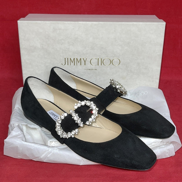 Jimmy Choo Ballerina Damenschuhe Pumps Veloursleder Schwarz Kristallen 38 1/2