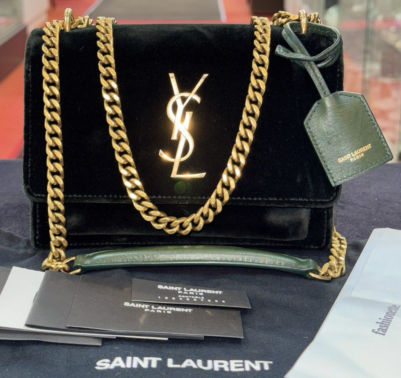 Saint Laurent Sunset Small Crossbody Bag Velvet Samt Dark Green