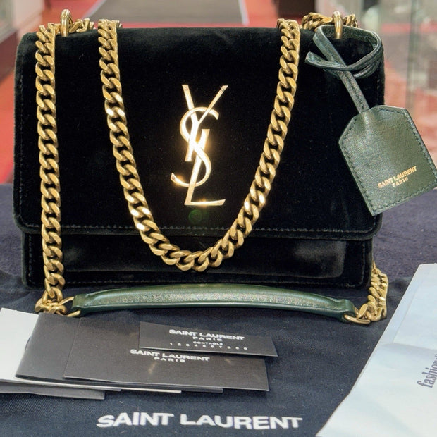 Saint Laurent Sunset Small Crossbody Bag Velvet Samt Dark Green