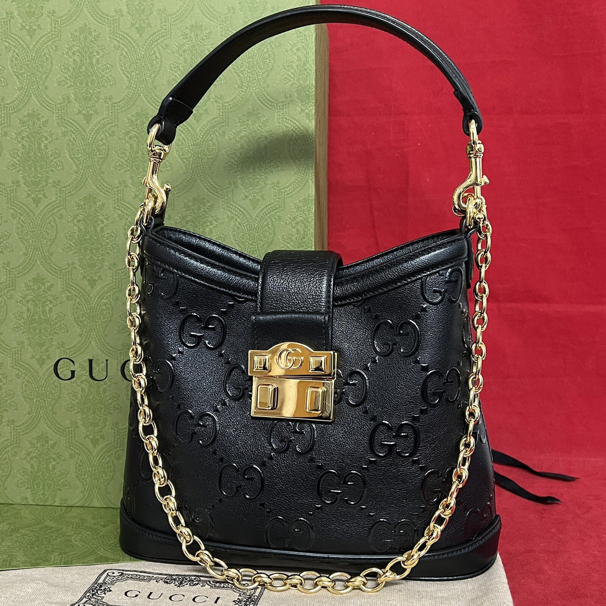 Gucci small GG Hobo Shoulder Bag Leather Black/Gold kleine Umhängetasche Schwarz