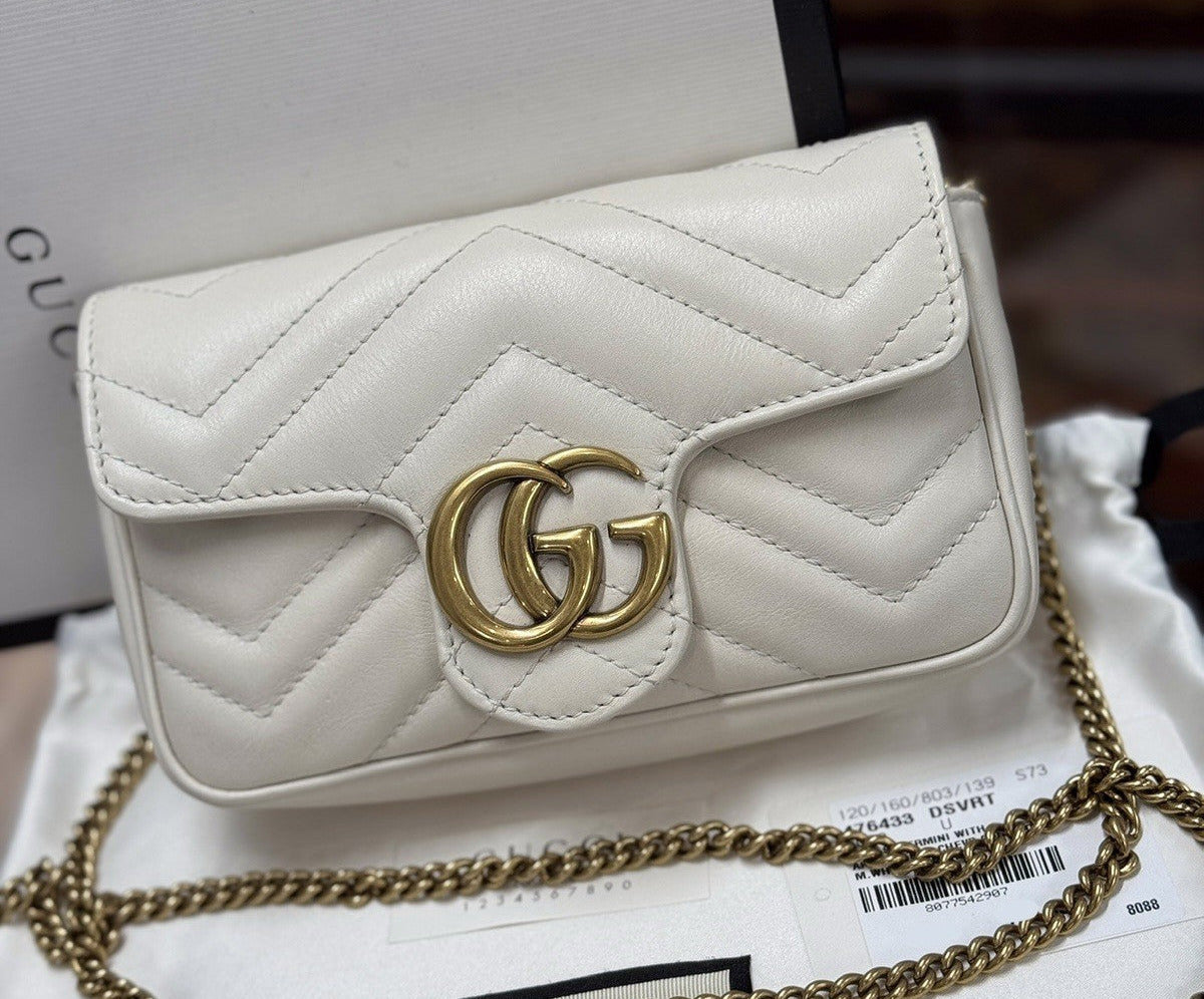 Gucci GG Marmont Mini-Schultertasche Leder Weiss/Gold 476433