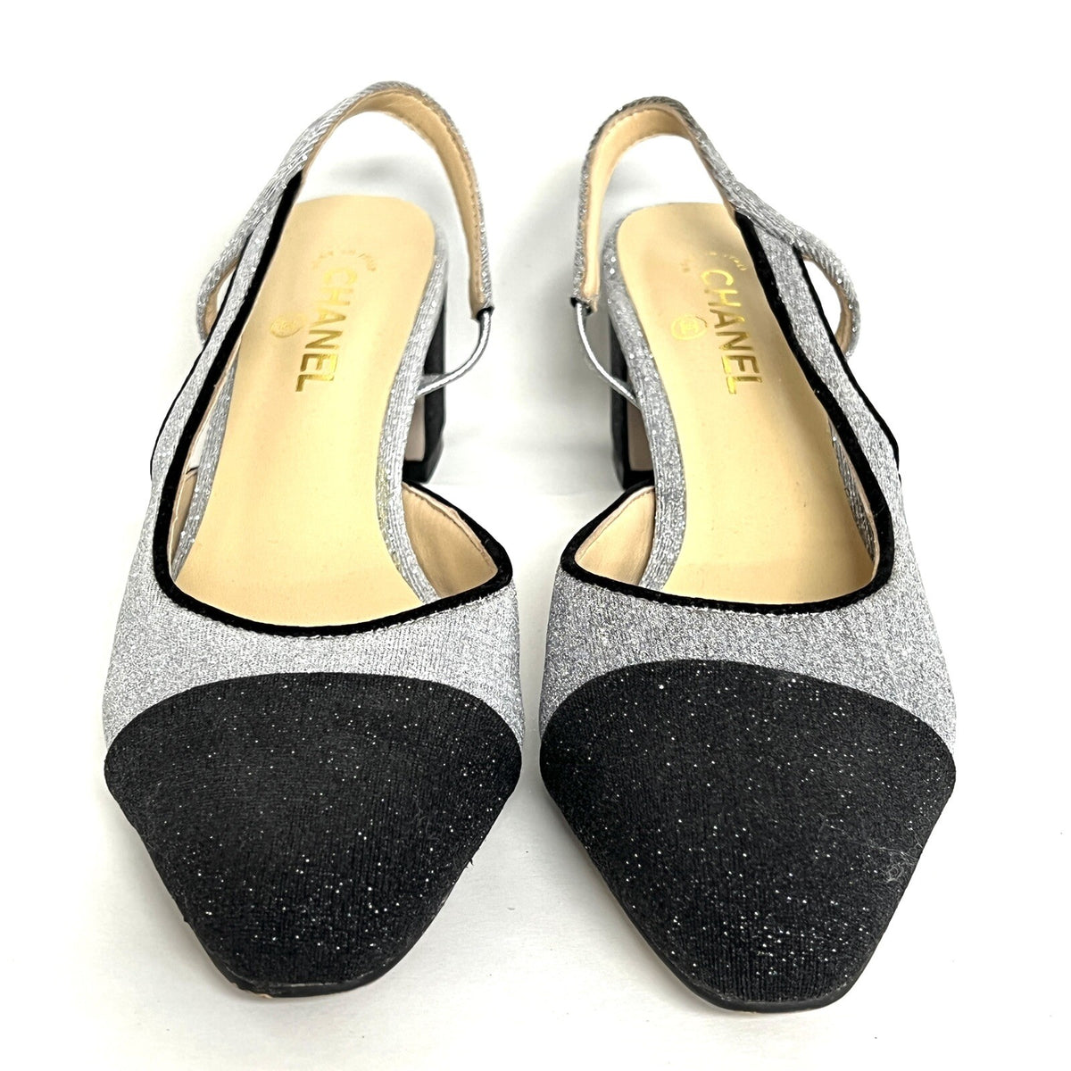 Chanel Paris Glitzer Glitter Pumps Gr. 38 Damenschuhe CC Silber/Schwarz