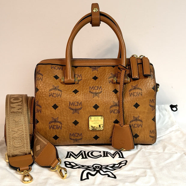 MCM Ella Boston Visetos Speedy Umhängetasche Braun Gold Top Zustand