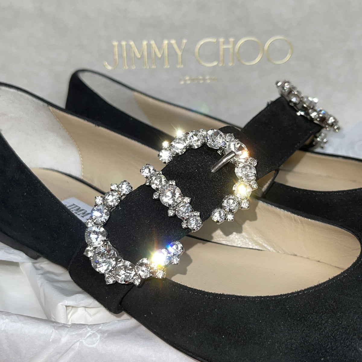 Jimmy Choo Ballerina Damenschuhe Pumps Veloursleder Schwarz Kristallen 38 1/2