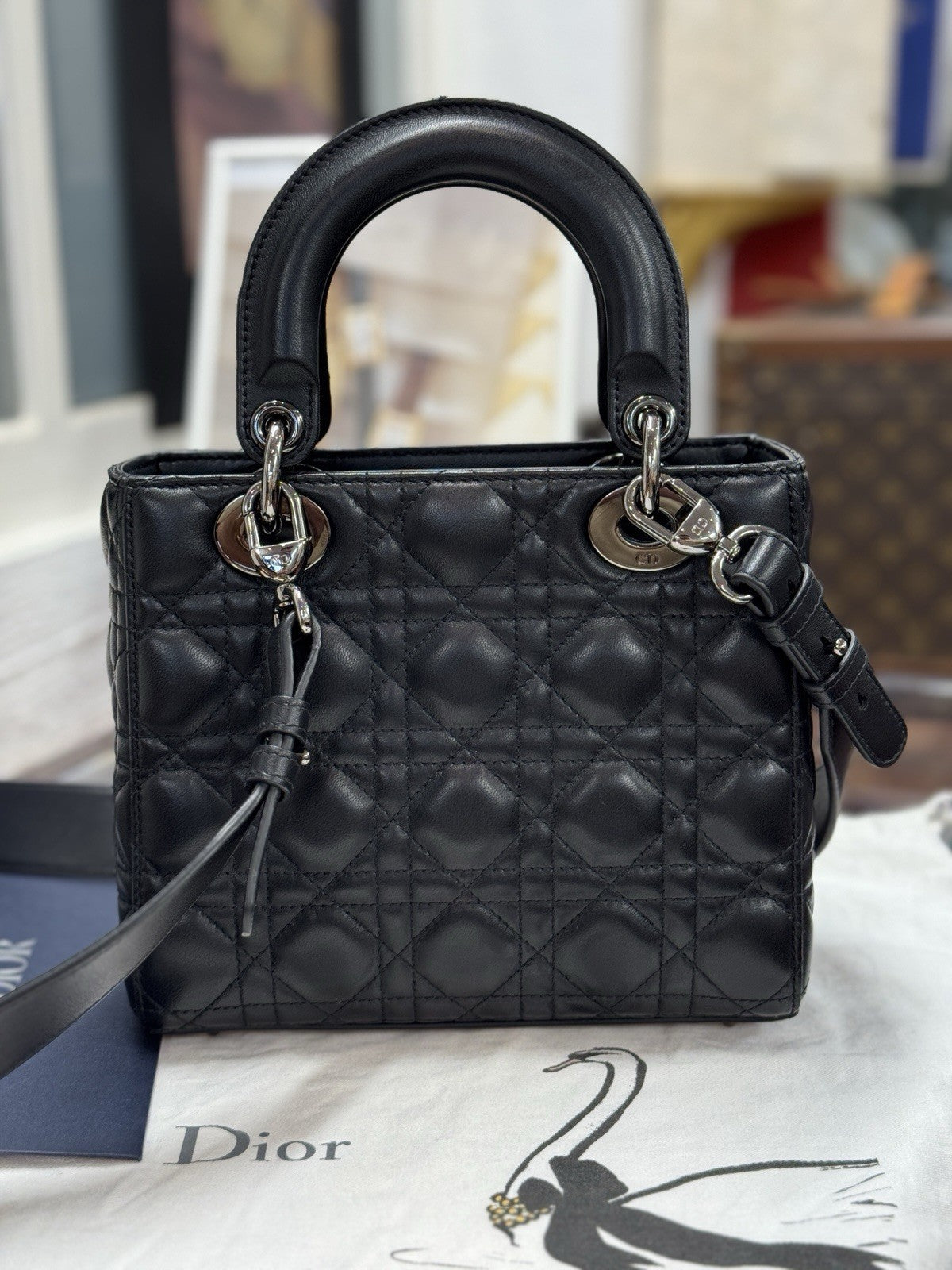 Kleine Lady Dior Small Schwarz Leder & Ruthenium HW All Black Umhängetasche
