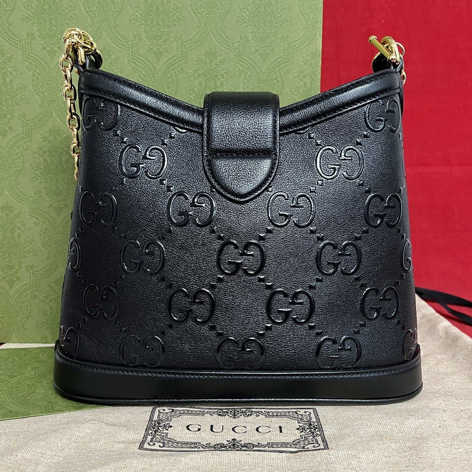 Gucci small GG Hobo Shoulder Bag Leather Black/Gold kleine Umhängetasche Schwarz