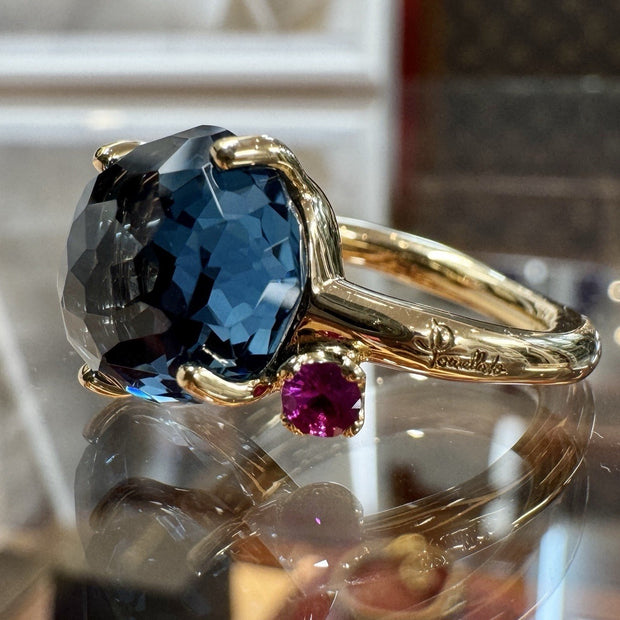 Pomellato Bahia Ring Gr. 53 Blauer Topas Fancy Cut & Rubine 18k 750er Gelbgold