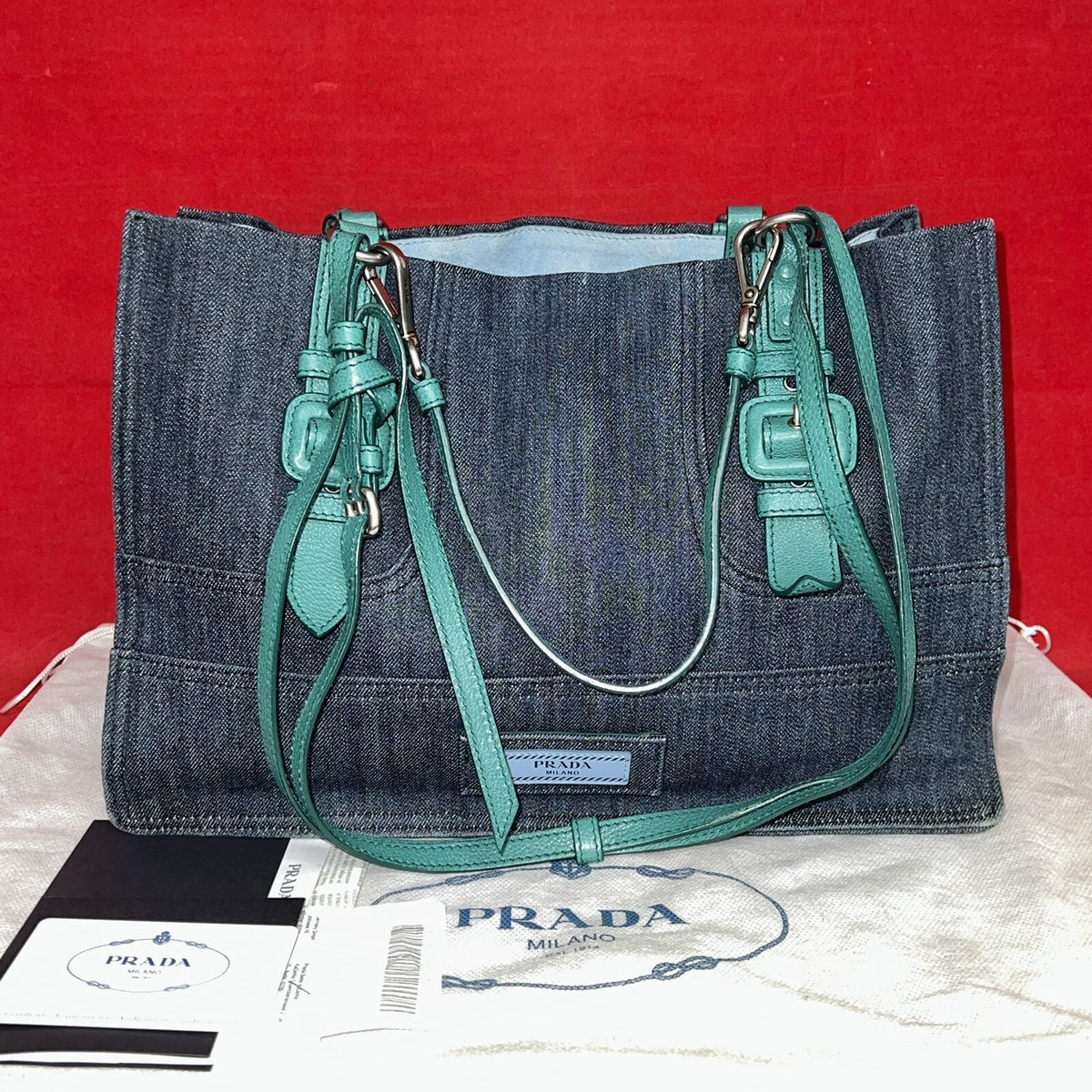 Prada 1BG122 Denim & Glace’cal Leder Shopper Damen Schultertasche NP. 1.600€!
