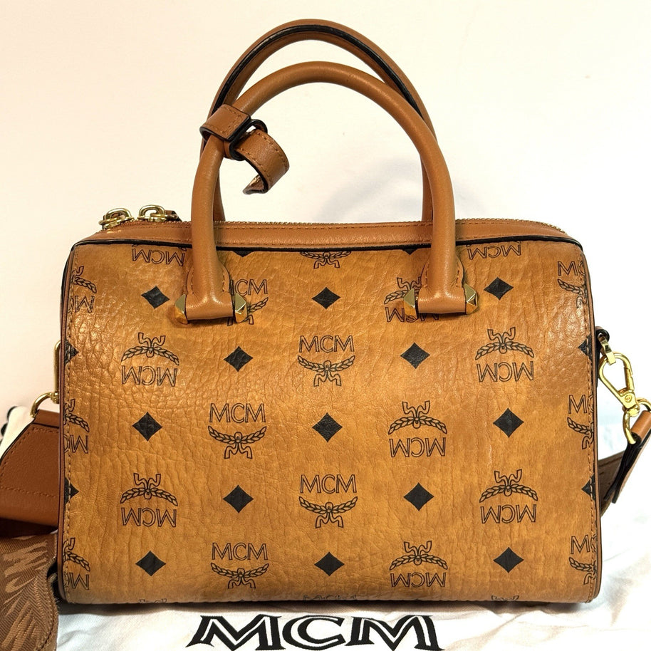 MCM Ella Boston Visetos Speedy Umhängetasche Braun Gold Top Zustand