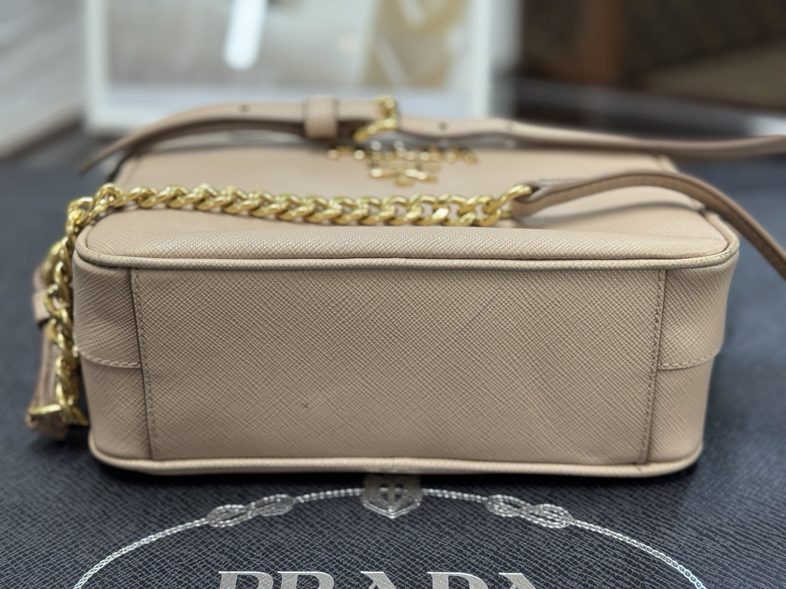 Prada Bandoliera Chain Bag Saffiano Leder Cipria Rosa Puder Umhängetasche 1BH149