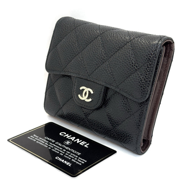 Chanel Trifold Flap Wallet Portemonnaie Caviar Leder Schwarz & Silber 2021