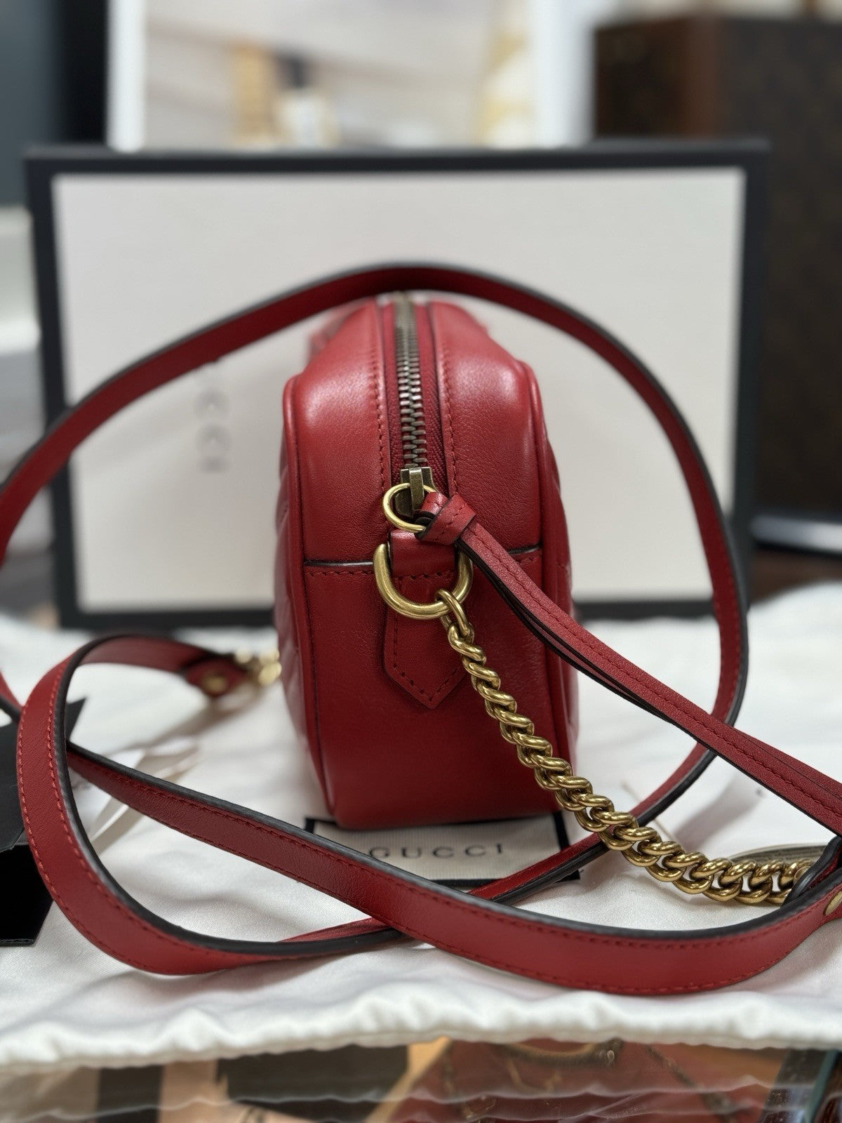 Gucci GG Marmont Mini-Kameratasche Schultertasche Leder Rot/Gold 448065