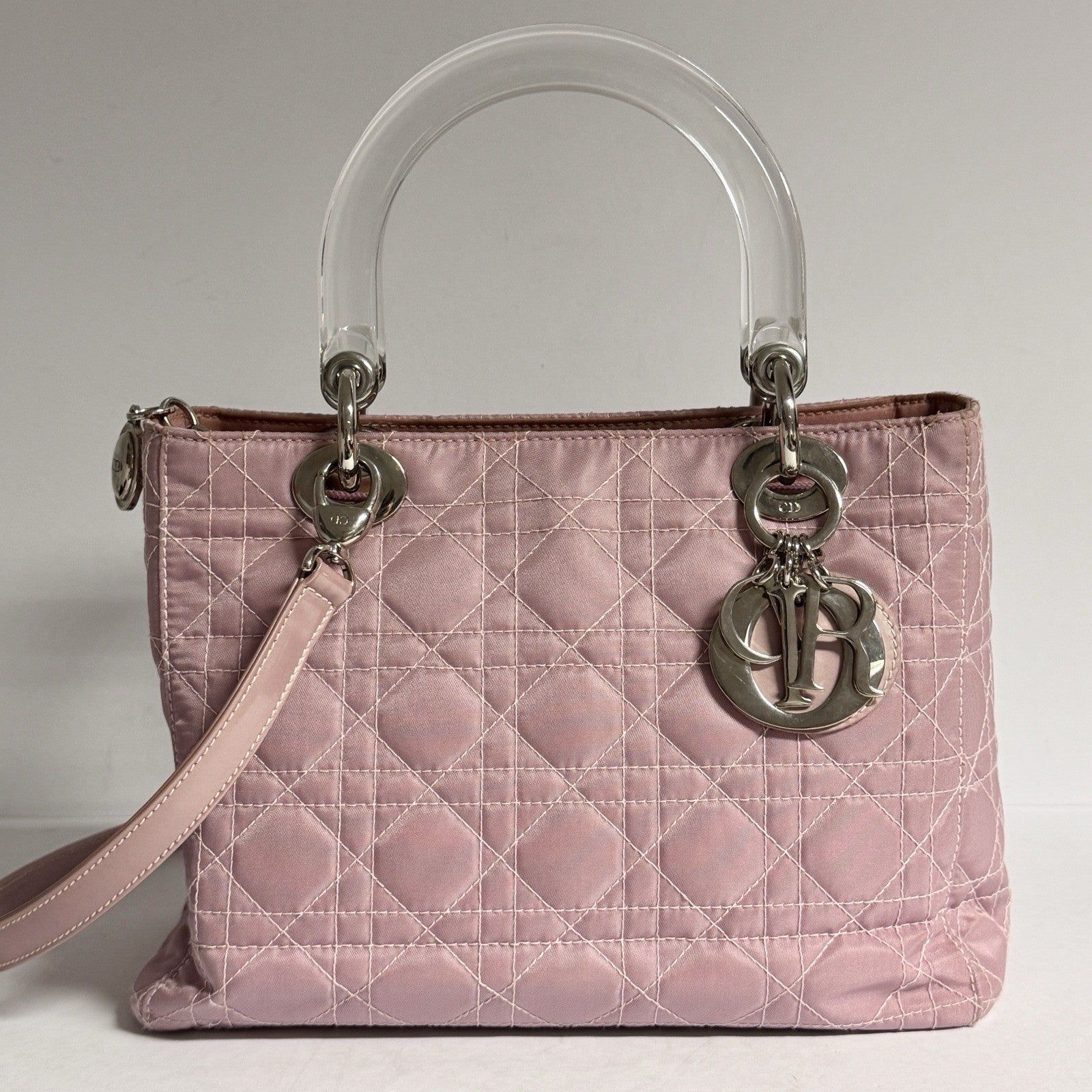 Lady Dior Rose Clear Handle Nylon small Shoulder Bag Rosa kleine Schultertasche