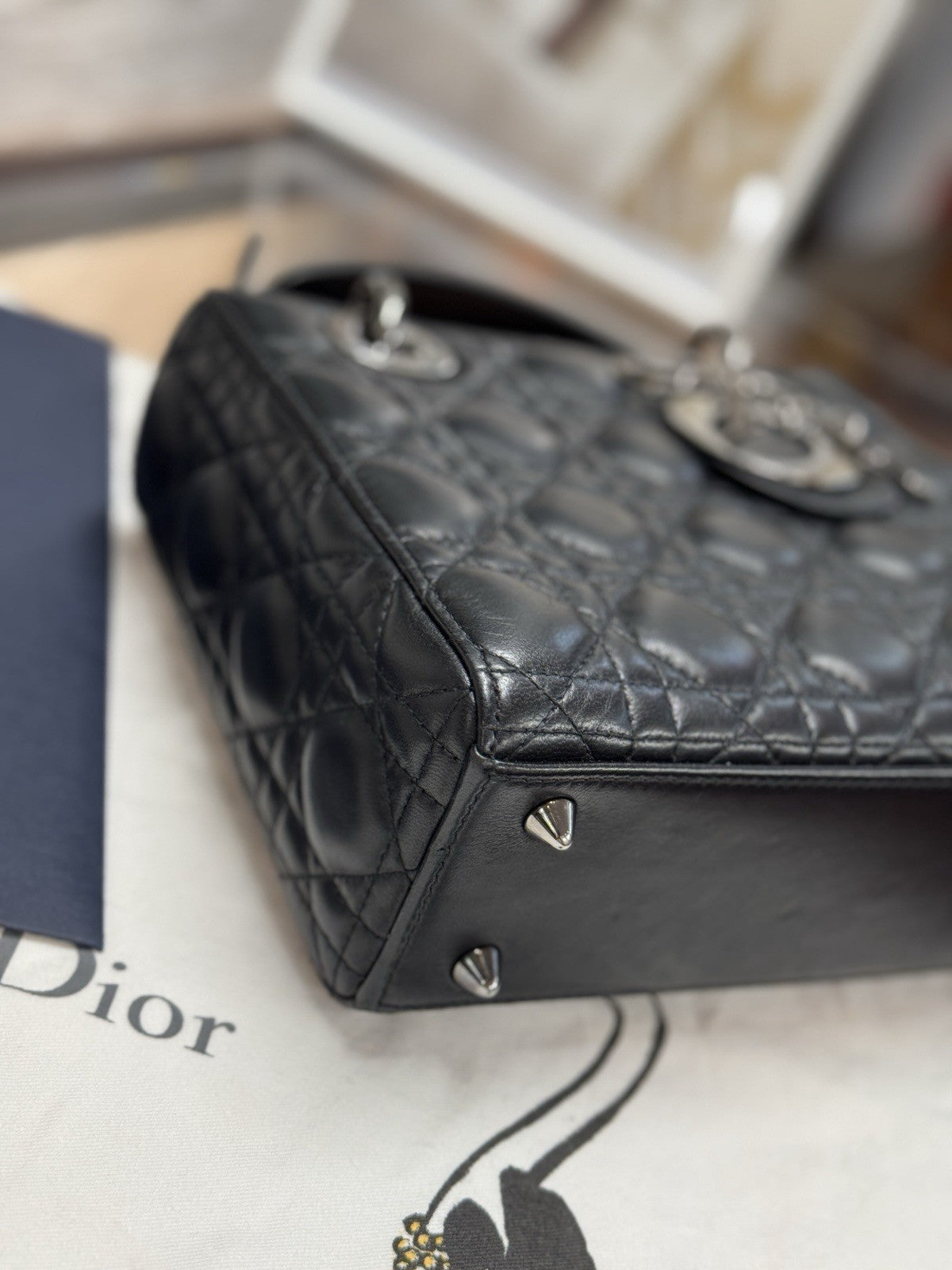 Kleine Lady Dior Small Schwarz Leder & Ruthenium HW All Black Umhängetasche