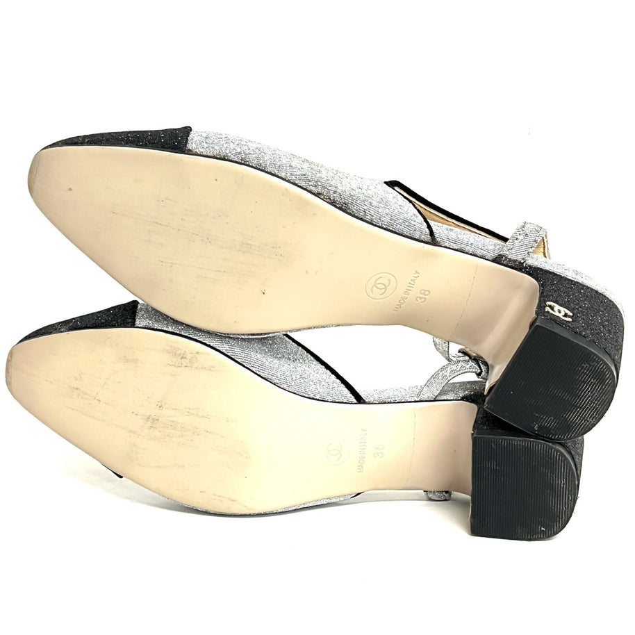 Chanel Paris Glitzer Glitter Pumps Gr. 38 Damenschuhe CC Silber/Schwarz