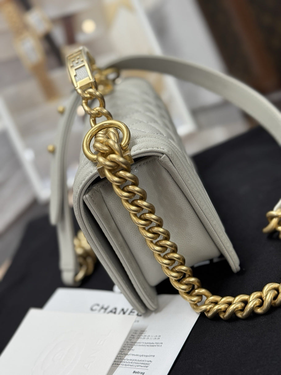 Chanel Top Handle Small Flap Bag Boy Caviar Hellgrau Gold