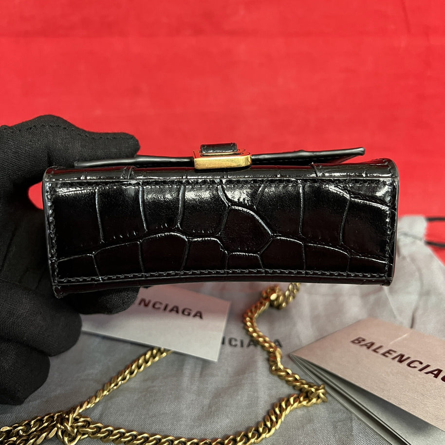 Balenciaga Hourglass Mini, Nano Umhängetasche Schwarz Kroko Glanz Leder, Gold
