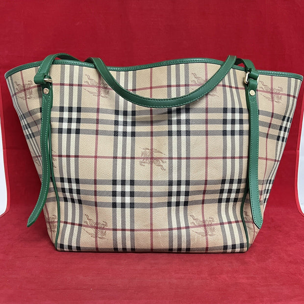 Große Burberry Shopper Damen Schultertasche Leder Beige & Grün Nova Check
