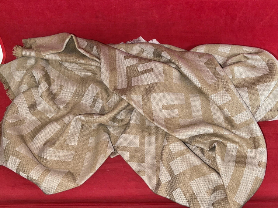 Fendi FF Shawl Wolle & Kaschmir Schal 140x140 cm Schultertuch beige/gold wie Neu
