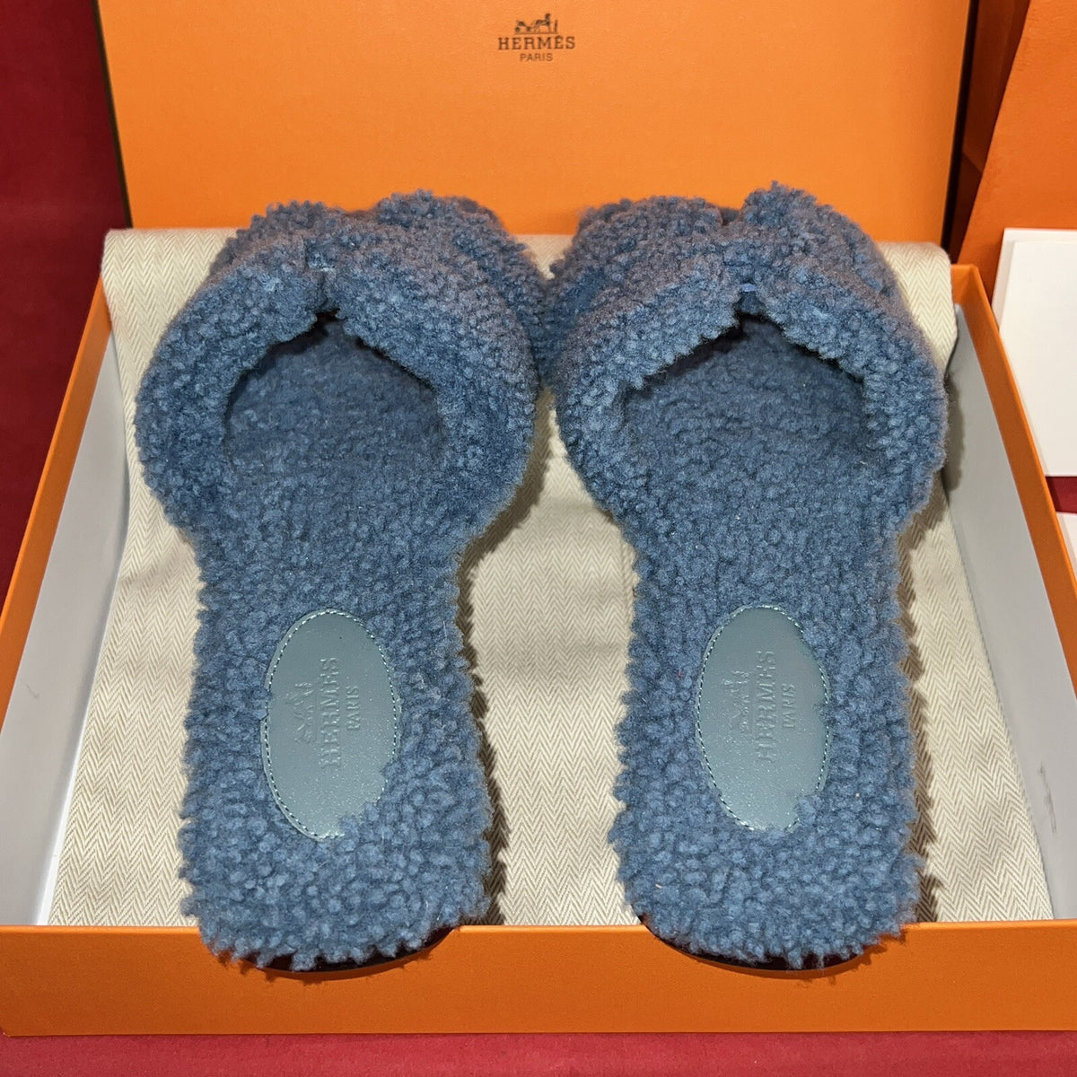 Hermes Paris Sandalen Oran Damen Lammfell Blau Gr. 37.5 mit Rechnung