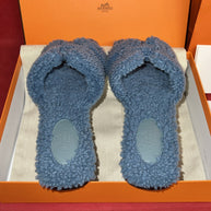 SOLD OUT! Hermes Paris Sandalen Oran Damen Lammfell Blau Gr. 37.5 mit Rechnung