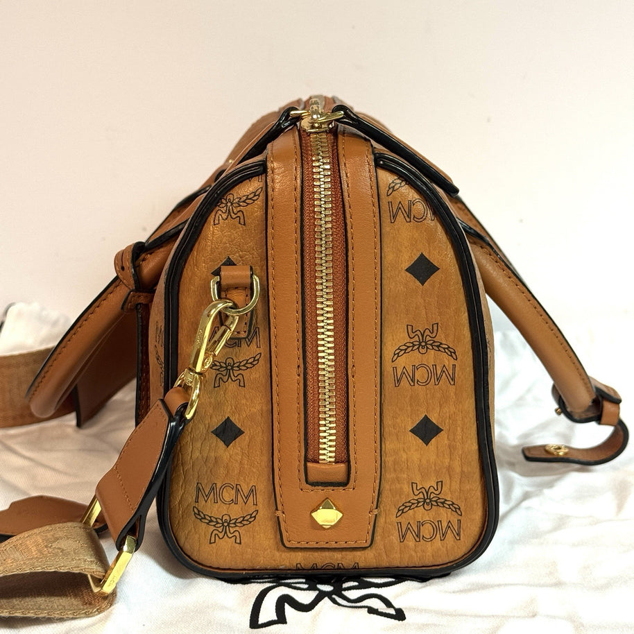 MCM Ella Boston Visetos Speedy Umhängetasche Braun Gold Top Zustand