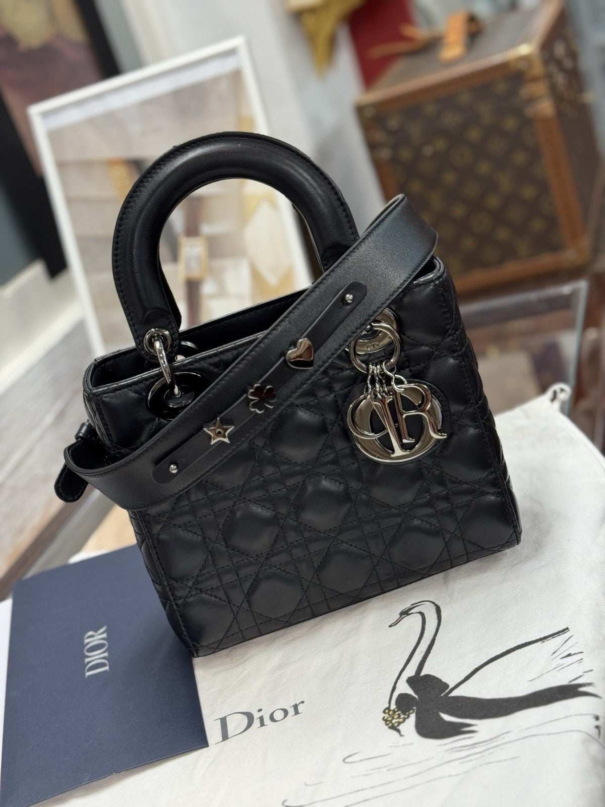 Kleine Lady Dior Small Schwarz Leder & Ruthenium HW All Black Umhängetasche