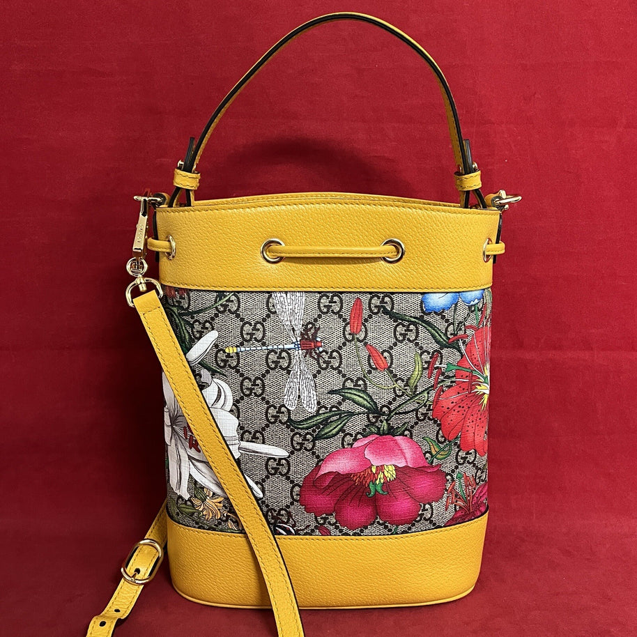 Gucci Flora Ophidia Bucket Bag Umhängetasche GG Supreme Modell:550621 Gelb Leder