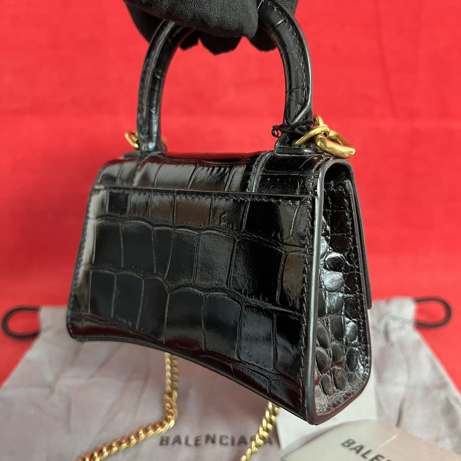 Balenciaga Hourglass Mini, Nano Umhängetasche Schwarz Kroko Glanz Leder, Gold