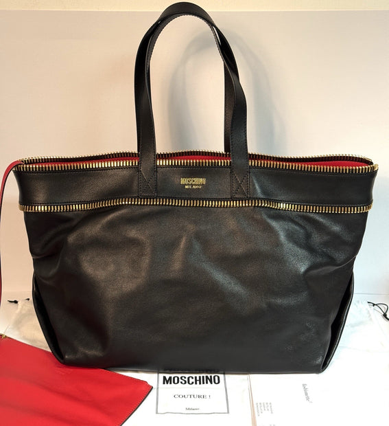 Moschino Rider Shopper XL Tote Bag + Pochette Fantasy Print Black Gold 2023