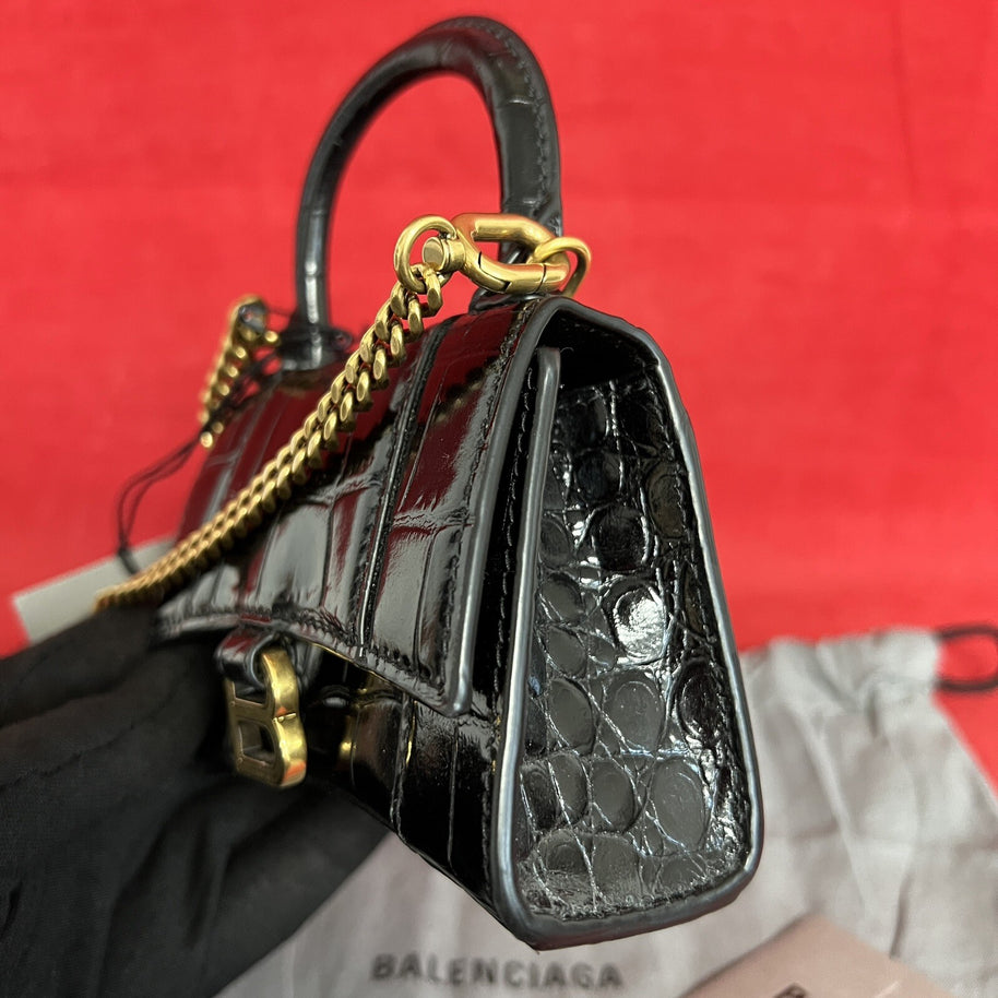 Balenciaga Hourglass Mini, Nano Umhängetasche Schwarz Kroko Glanz Leder, Gold