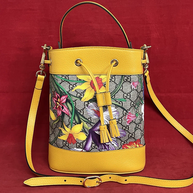 Gucci Flora Ophidia Bucket Bag Umhängetasche GG Supreme Modell:550621 Gelb Leder