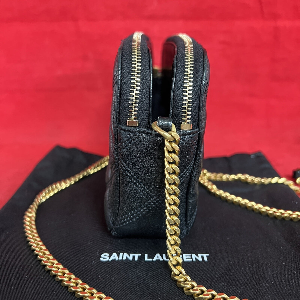 Saint Laurent Becky Double Zip Wallet on Chain kleine Umhängetasche Schwarz Gold