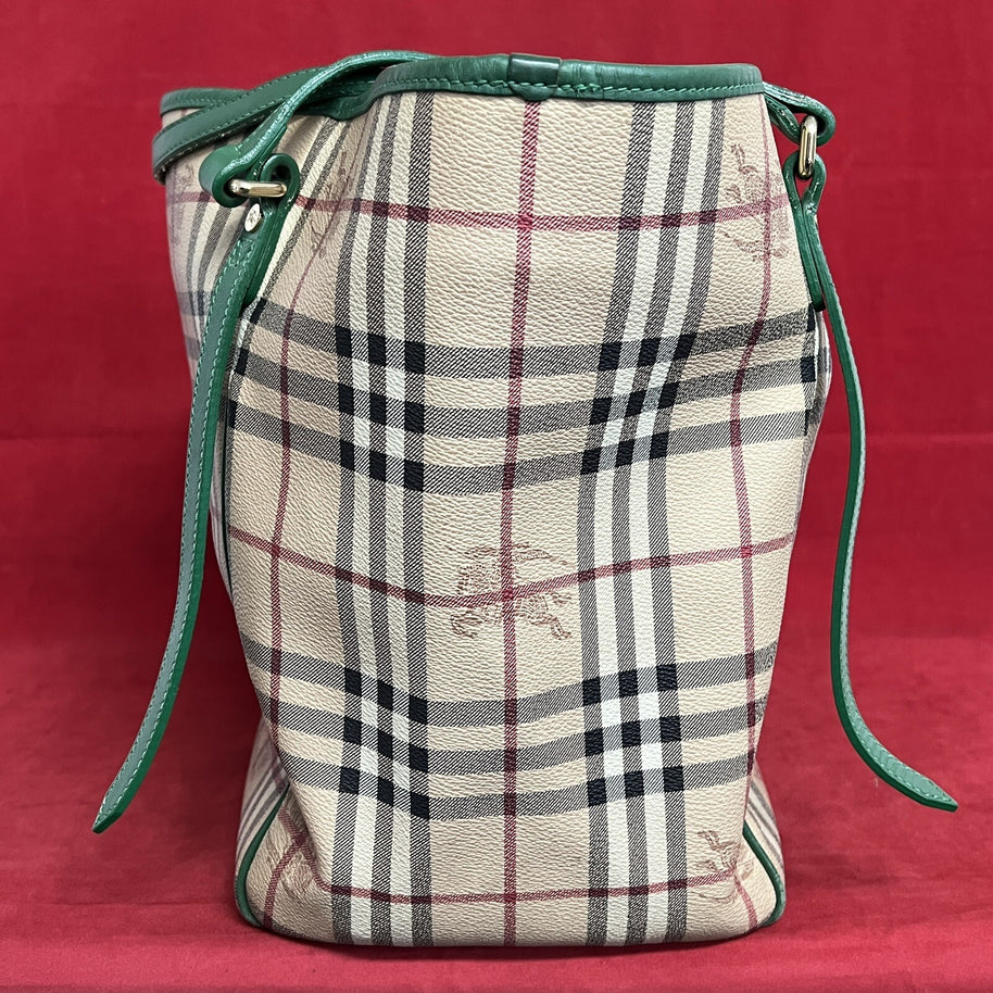 Große Burberry Shopper Damen Schultertasche Leder Beige & Grün Nova Check