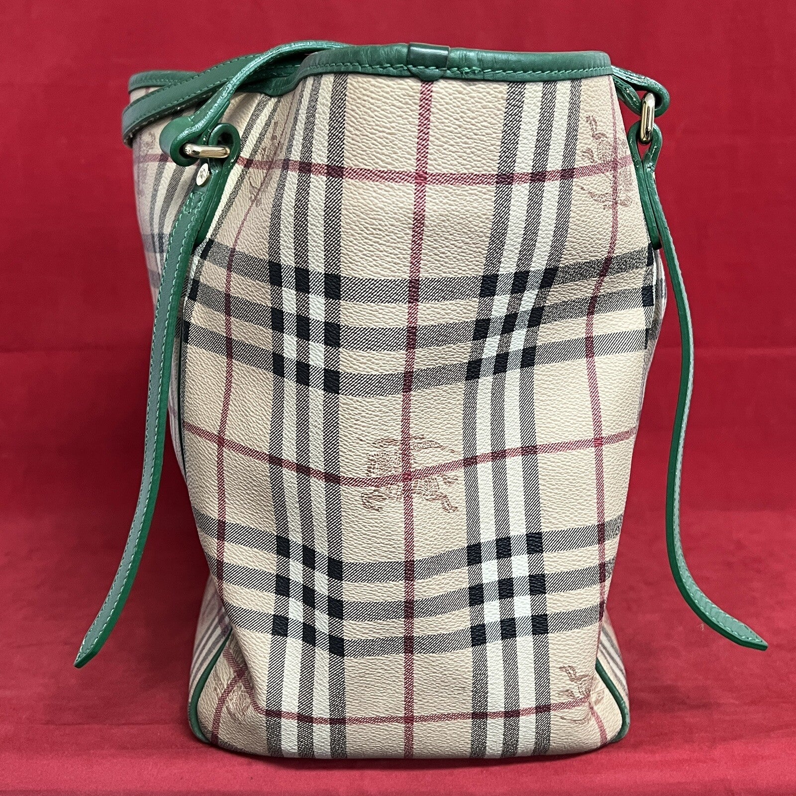 Große Burberry Shopper Damen Schultertasche Leder Beige & Grün Nova Check