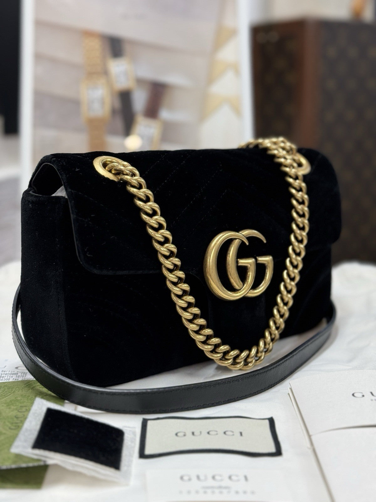 Gucci Kleine GG Marmont Schultertasche Samt Schwarz/Gold 446744