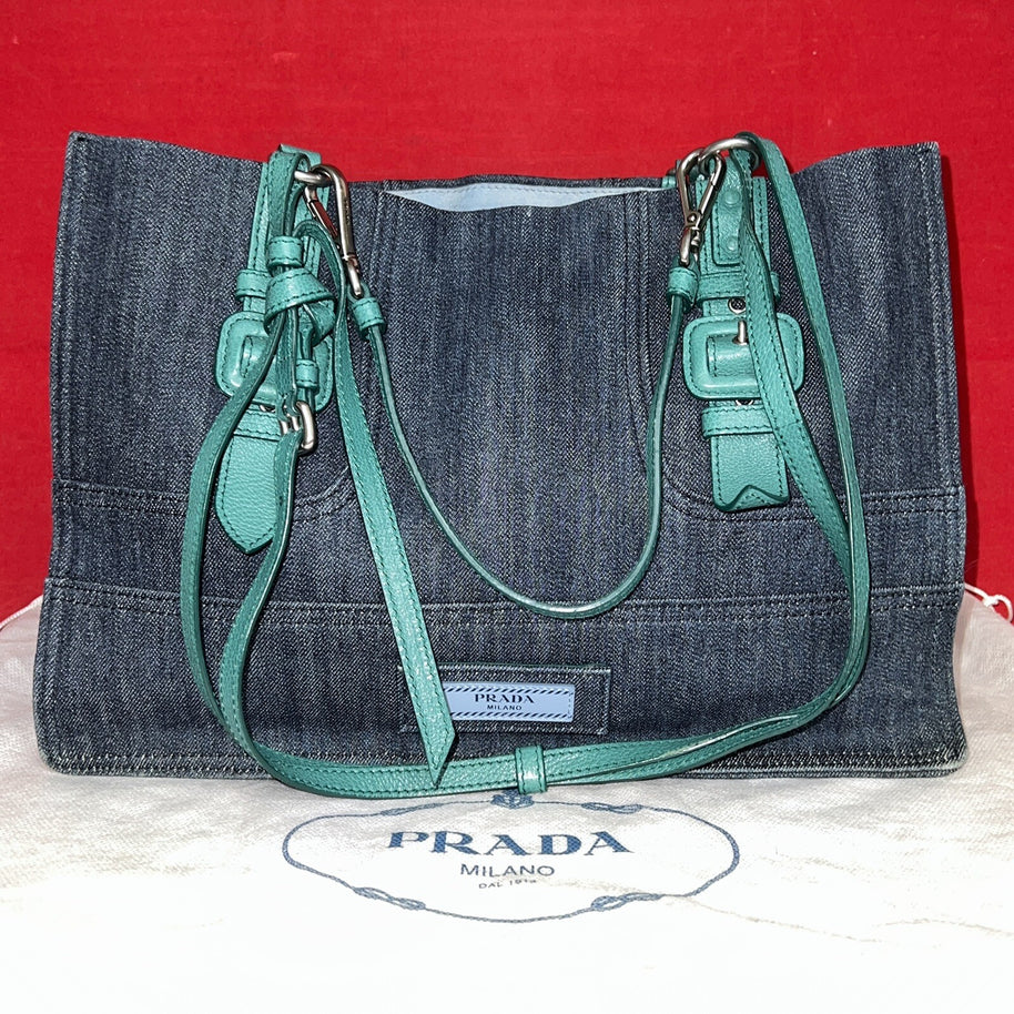 Prada 1BG122 Denim & Glace’cal Leder Shopper Damen Schultertasche NP. 1.600€!