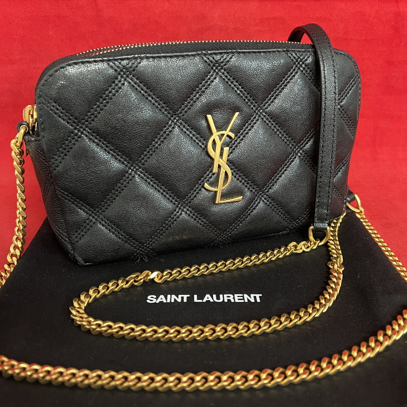 Saint Laurent Becky Double Zip Wallet on Chain kleine Umhängetasche Schwarz Gold