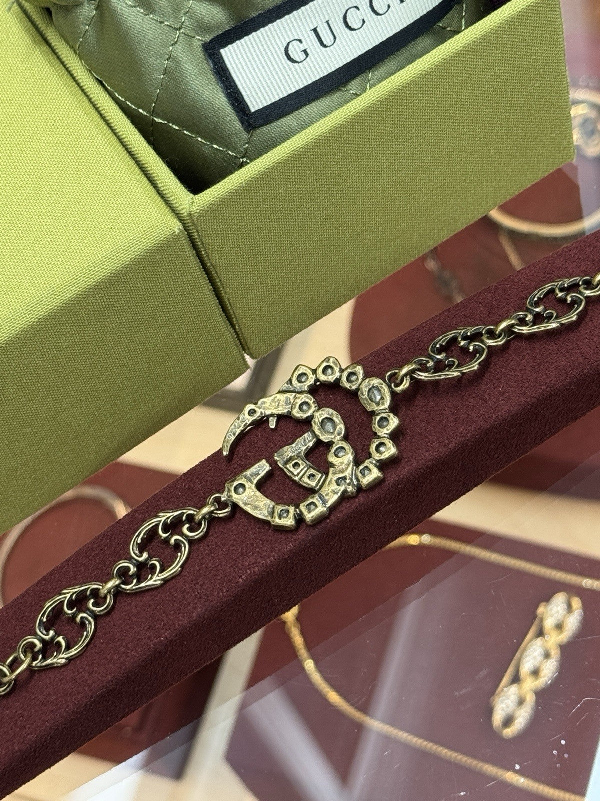 Gucci GG Multicolor Crystal Gemstones Double G Charm Bracelet Armband