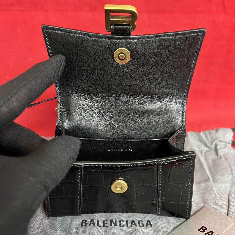 Balenciaga Hourglass Mini, Nano Umhängetasche Schwarz Kroko Glanz Leder, Gold