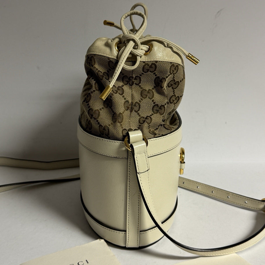 Gucci Horsebit Bucket Bag Umhängetasche Weiß Leder GG Supreme